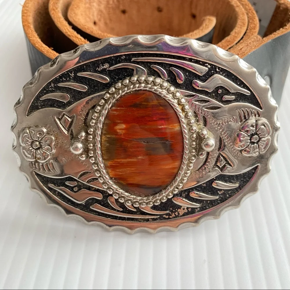 Western Genuine Distressed Leather Navajo Belt Brown Size 34 - Picture 2 of 6